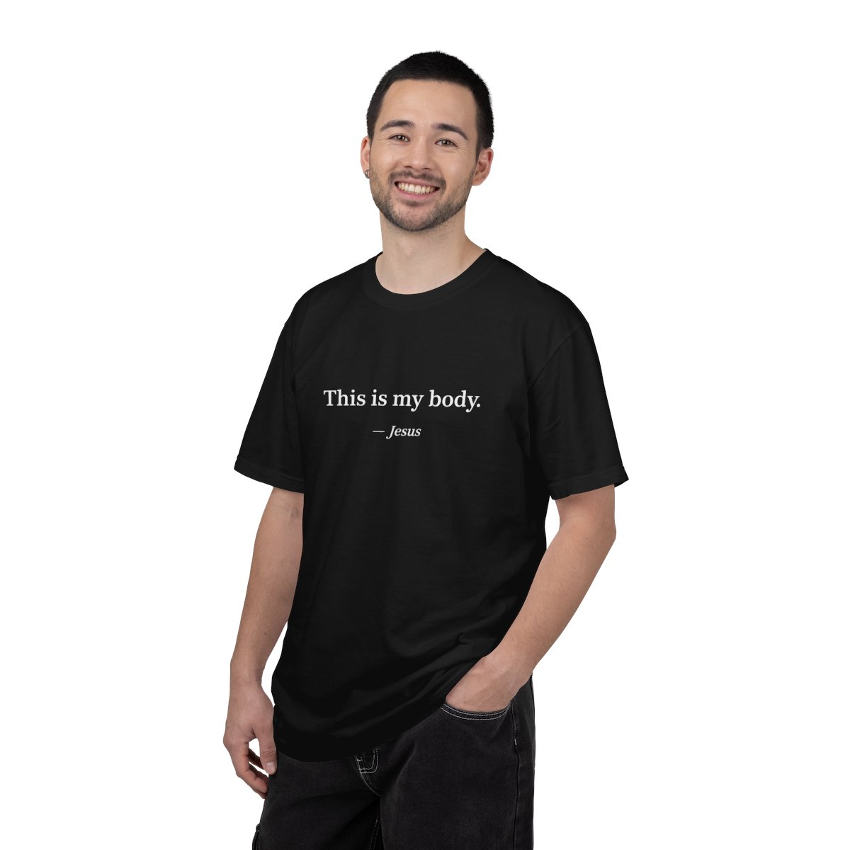 Man wearing the This Is My Body — Jesus T-shirt