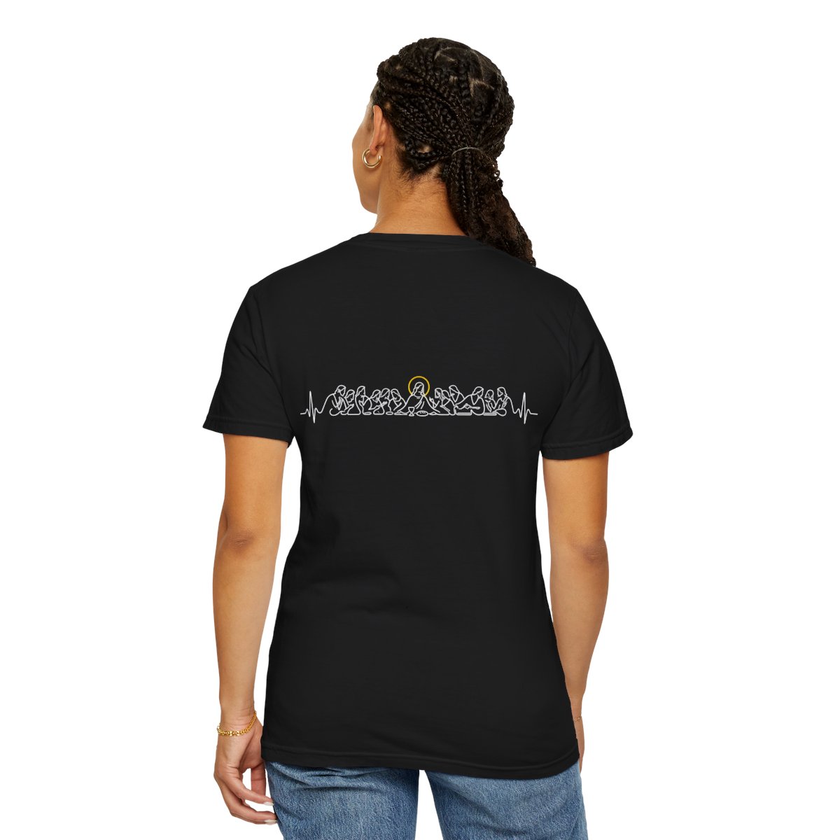 Woman wearing the back of the This Is My Body — Jesus T-shirt